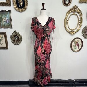 Vintage Paradise NY Patchwork Floral Midi Dress Red Tie Sleeve Size S